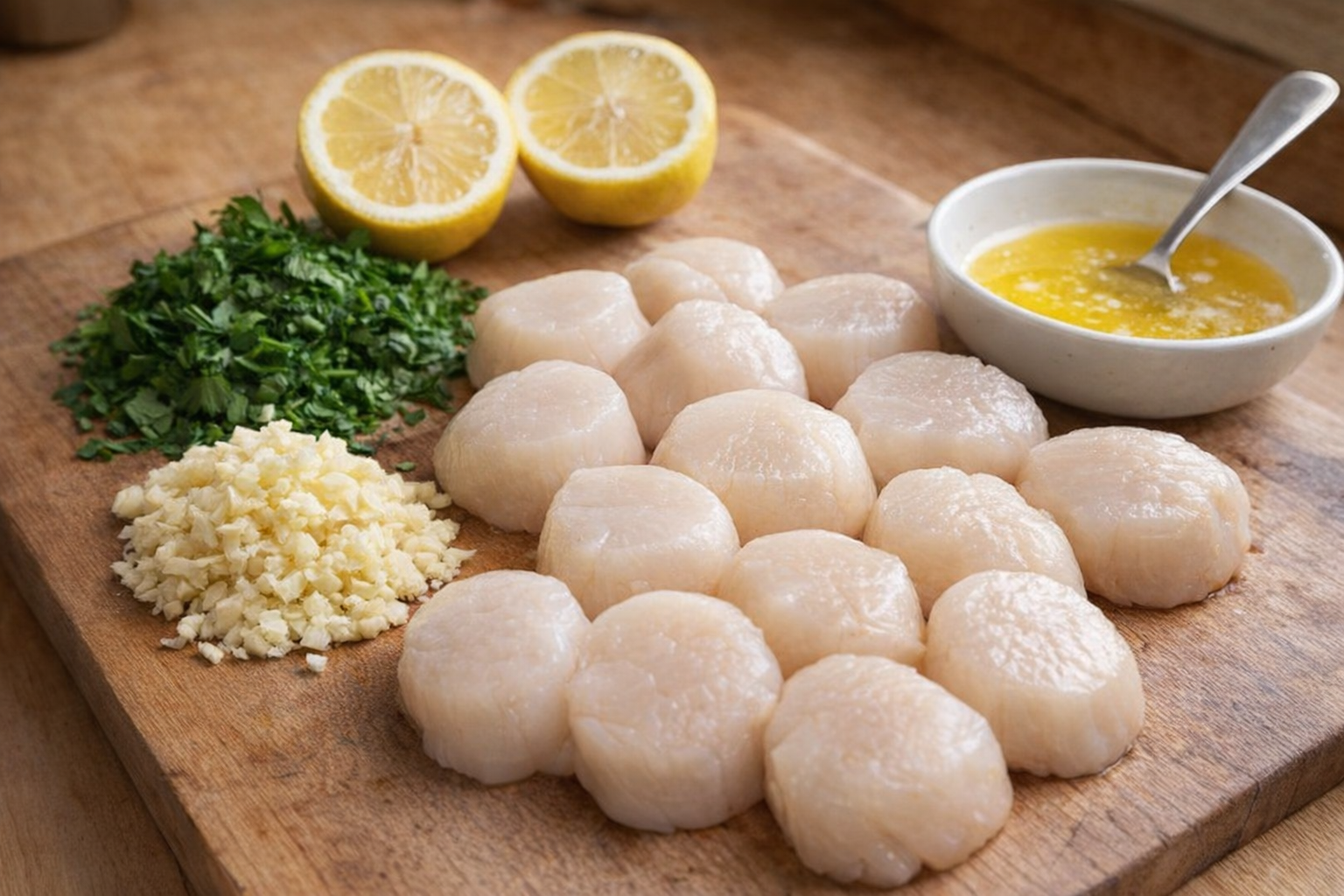 A close-up shot of raw sea scallops, patted dry with paper towels, arranged on a cutting board with minced garlic, chopped parsley, lemon halves, and melted butter in a small bowl